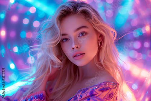 Portrait of A beautiful woman with blonde hair standing in front of bright lights