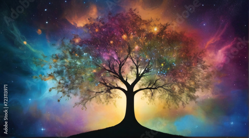 Luminous Mindscape tree that evoking a sense of wonder  intelligence  and the mysterious beauty of the cosmos.