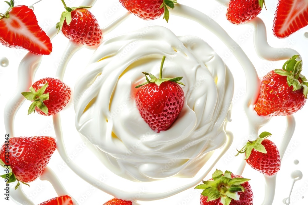 Strawberry with cream cutout minimal background. Fresh dessert with berry strawberry, closeup. Summertime concept for package, grocery product advertising. Realistic, detailed. Strawberry with cream cutout minimal background. Fresh dessert with berry strawberry, closeup. Summertime concept for package, grocery product advertising. Realistic, detailed.