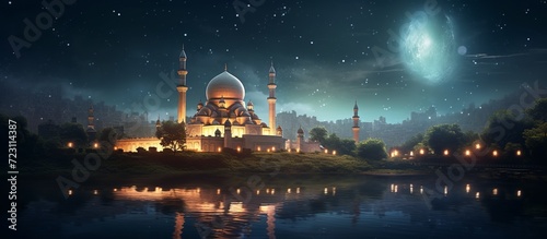 Ramadan background with crescent, stars and glowing clouds above mosque on mountains photo
