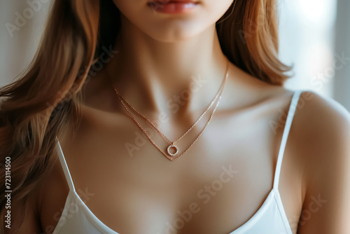 Closeup on the woman wearing a minimal gold and diamond necklace