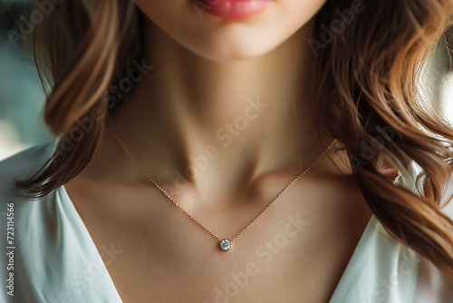 Closeup on the woman wearing a minimal gold and diamond necklace