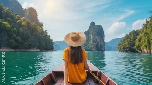 Travel summer vacation concept, Happy solo traveler asian woman with hat relax and sightseeing on Thai longtail boat in Ratchaprapha Dam at Khao Sok National Park, Surat Thani Province, Thailand photo