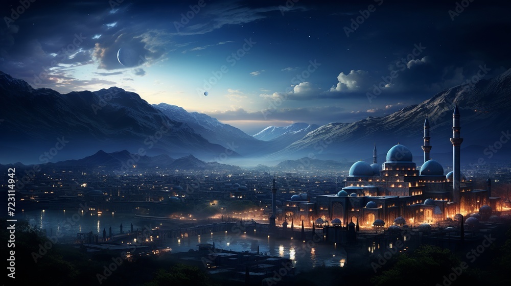 Ramadan background with crescent, stars and glowing clouds above mosque on mountains