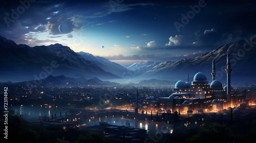 Ramadan background with crescent, stars and glowing clouds above mosque on mountains photo