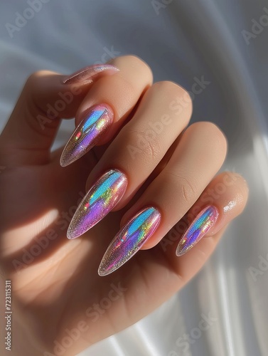 Holographic, shiny manicure on a woman's hand. Nail design close up.