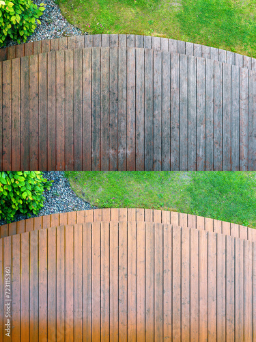 cleaning a wooden terrace with a high-pressure washer - BEFORE and AFTER cleaning and oiling wooden surfaces