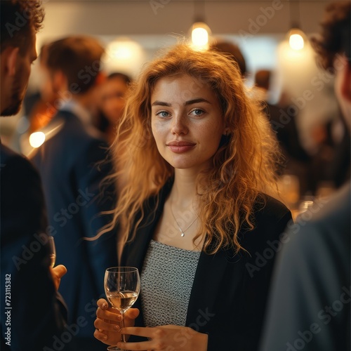 Real people at a corporate event networking and deeply listening to speakers. Generative AI.