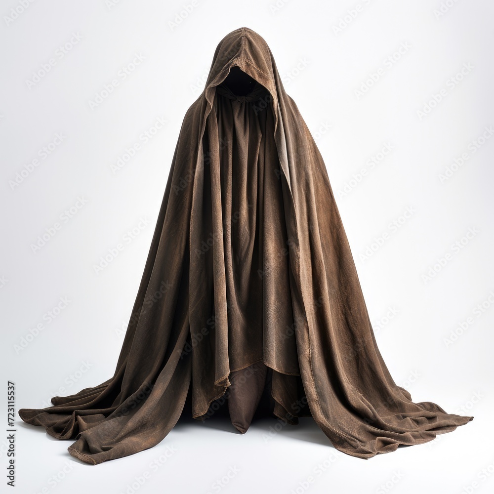 Ghost costume made from a white sheet on a white background.