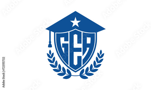 GEA three letter iconic academic logo design vector template. monogram, abstract, school, college, university, graduation cap symbol logo, shield, model, institute, educational, coaching canter, tech