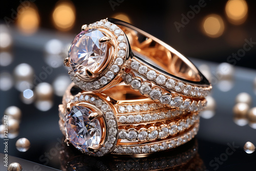 Elegant Diamond Ring in jewelry shop: Closeup of exquisite engagement ring.
