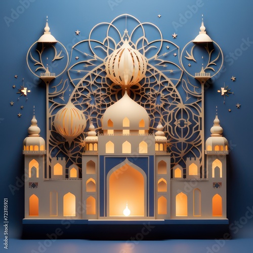 Illustration of paper crafts dome mosque decorations for the month of Ramadan, Eid al Fitr ornament decoration.