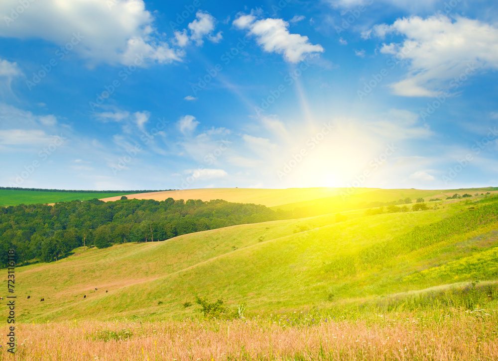 Hilly landscape, picturesque meadows and a vibrant sunrise.