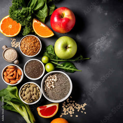 Healthy vegetarian eating and home cooking concept. Vegan ingredients fruit, nuts, vegetable, seeds, superfood, cereals, leaf vegetable on table with herbs and spices