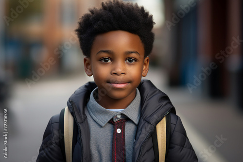 Picture of cute adorable clever pupil schoolboy on street in autumn day generative ai concept © Tetiana