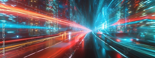 The dynamic visualization of a high-speed data stream depicted as luminous light trails moving through a digital tunnel.