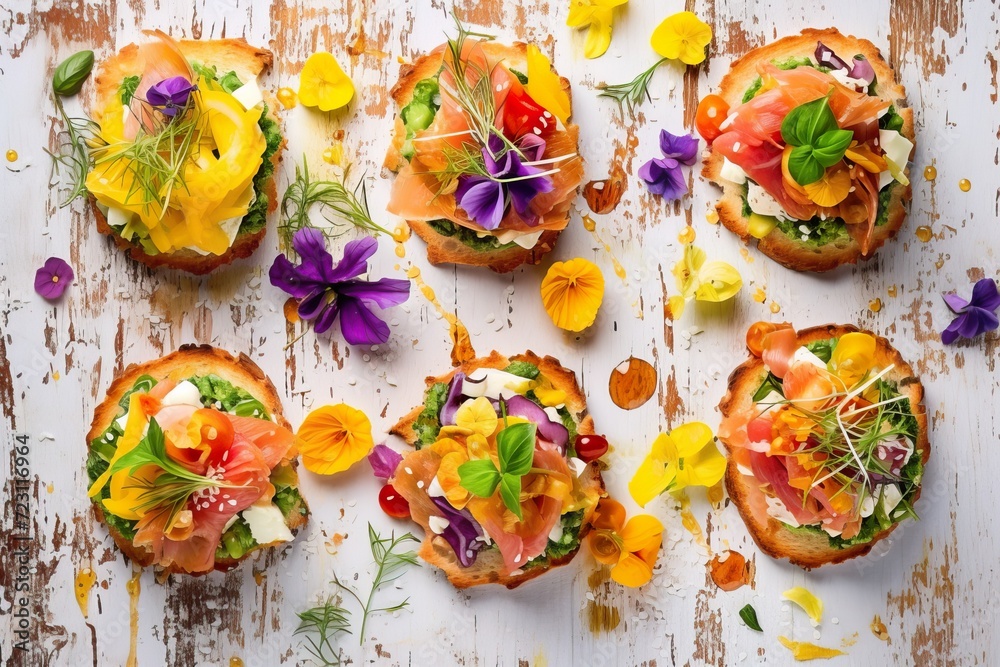 Vibrant Delight: Overhead Shot of Colorful Mixed Vegetable Bruschettas