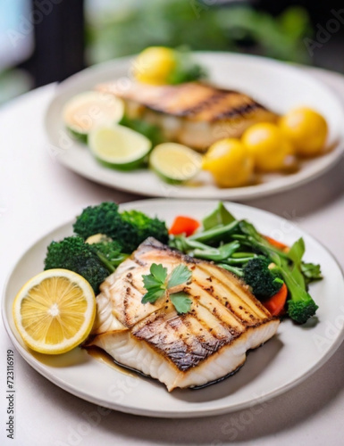 Grilled Barramundi or pangasius fish and meat steak with vegetable and lemon in plate. Generative AI.