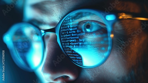 Man spectacles, A developer coder looking at programming code data cyber security digital tech reflecting in spectacles developing software program. Generative AI.