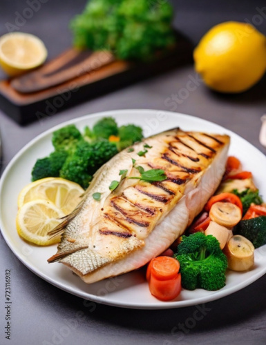 Grilled Barramundi or pangasius fish and meat steak with vegetable and lemon in plate. Generative AI.