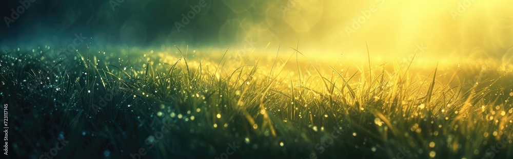 A picturesque landscape unfolds as the summer sun showers the green grass with a radiant golden glow.