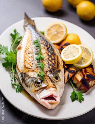 Grilled Barramundi or pangasius fish and meat steak with vegetable and lemon in plate. Generative AI.