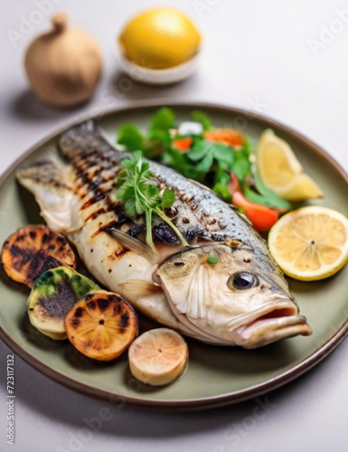 Grilled Barramundi or pangasius fish and meat steak with vegetable and lemon in plate. Generative AI.