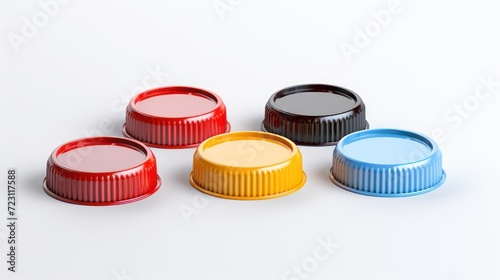 Colorful plastic bottle caps on a white background, lids for beverage and liquid product packaging.