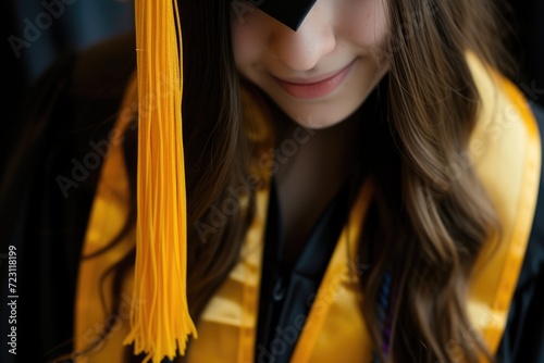 A jubilant female graduate stands in the foreground, her smile radiant and full of pride. She is dressed in traditional academic regalia with a black gown and mortarboard, AI generated 