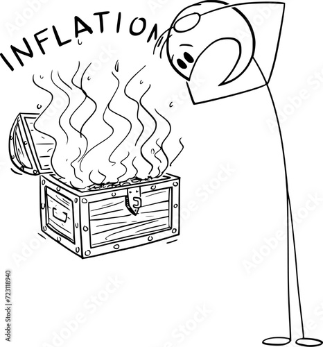 Inflation, Money in Treasure Chest Are Burning, Vector Cartoon Stick Figure Illustration