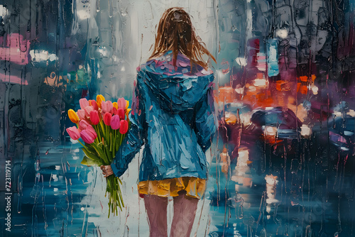 A portrait of a girl with a bouquet of tulips from the back against the background of a city landscape written in oil paints. The concept of the arrival of spring and International Women's Day