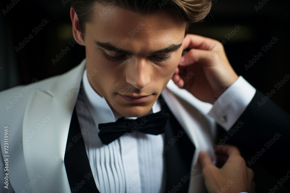 Generative ai collage photo of gentleman groom prepare for wedding wear tuxedo Generative ai collage photo of gentleman groom prepare for wedding wear tuxedo