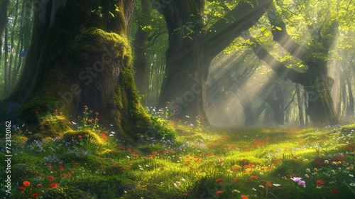 Sunlit Green Forest with Lightbeams and Flowers