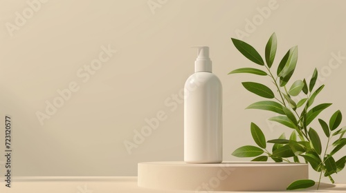 Product Cosmetic bottles presentation on podium with leaves in beige background. AI generated image