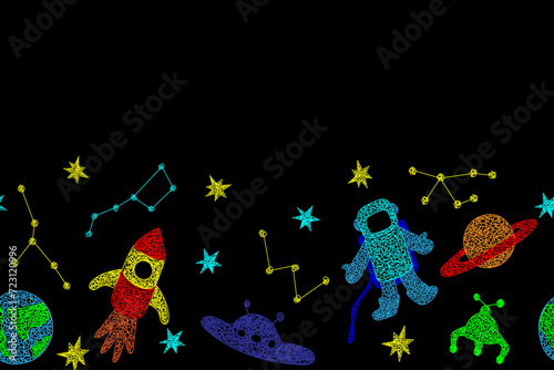 Seamless border with hand drawn stars, flying sauer, planet, mars rover, rocket, earth planet,constellations on black background in childrens naive style.