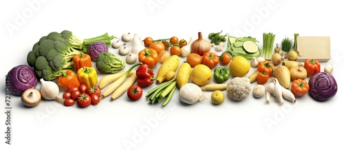 Large pile ripe fruits and vegetables isolated on white background