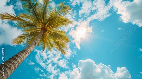 Low angle view of coconut palm tree against cloud and blue sky