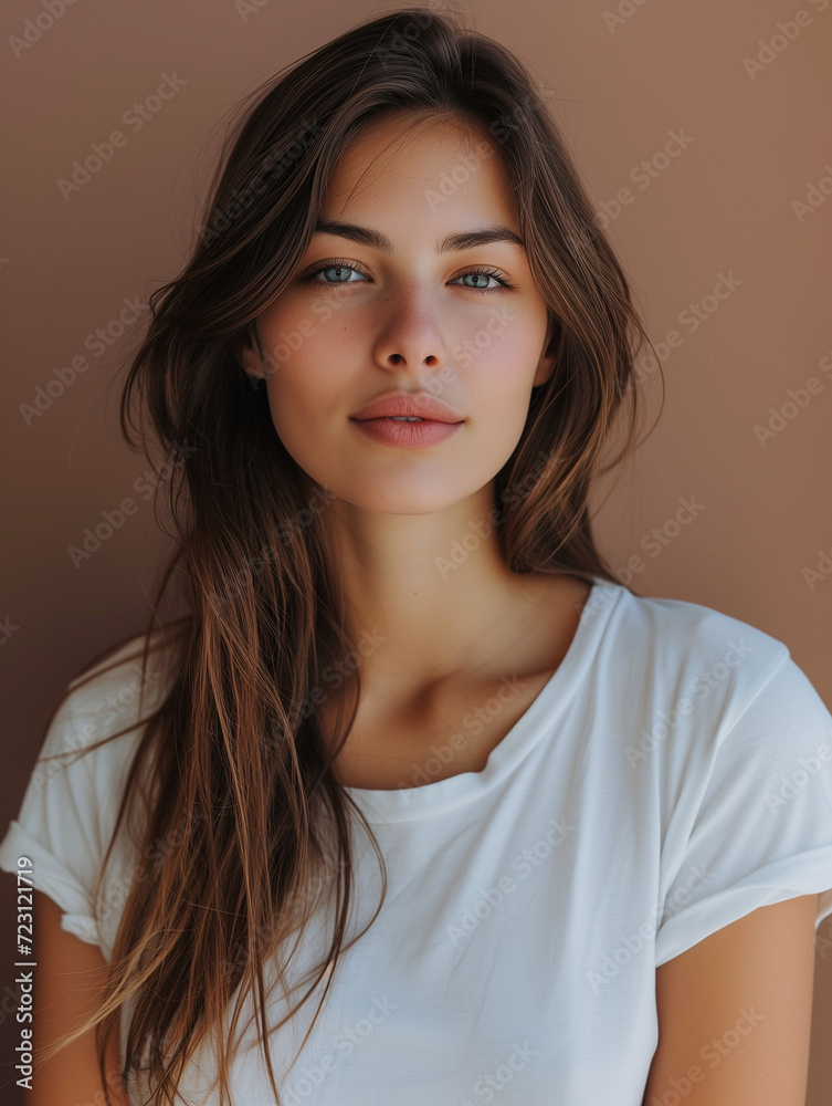 Smiling Brunette Woman with Joyful Expression, Studio Portrait in Fashionable Makeup and Cute Brown Hair Smiling Brunette Woman with Joyful Expression, Studio Portrait in Fashionable Makeup and Cute Brown Hair