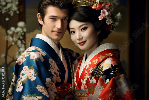 Portrait made with generative AI of charming chinese couple celebrating their wedding ceremony in kimono