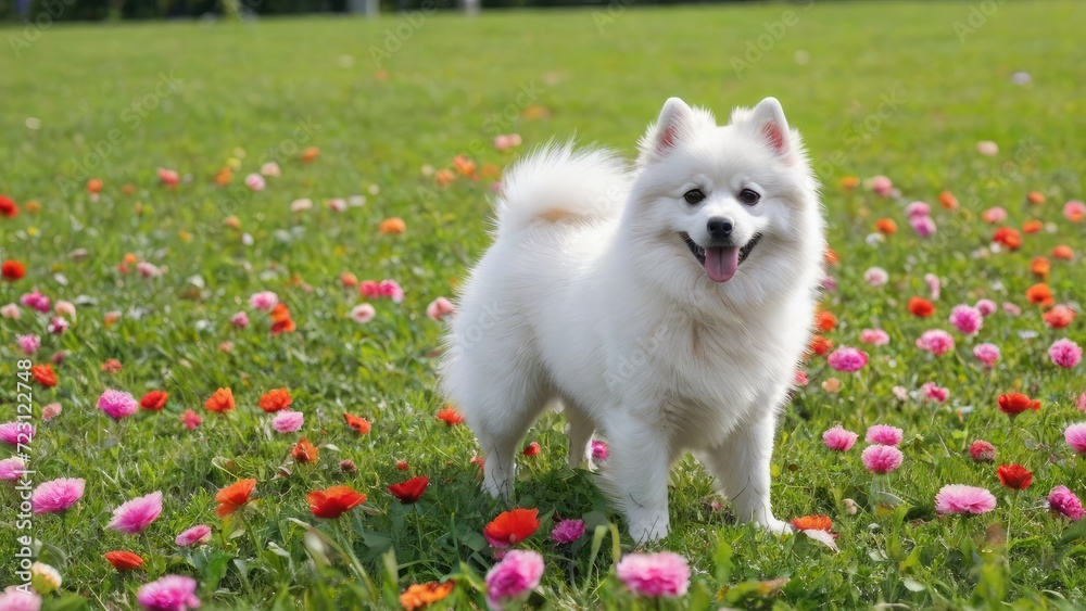 White german spitz dog in flower field White german spitz dog in flower field