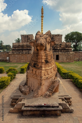 Front view of massive Nandi cow statue at Brihadisvara Temple, Gangaikonda Cholapuram, Jayankondam, Tamil Nadu, India