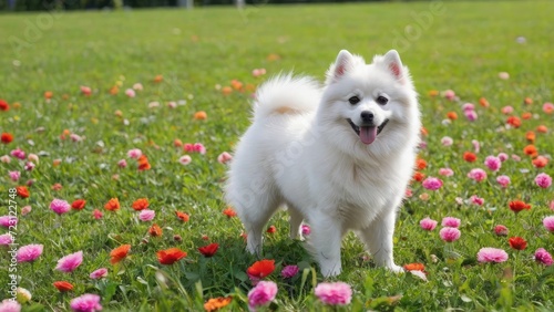 White german spitz dog in flower field