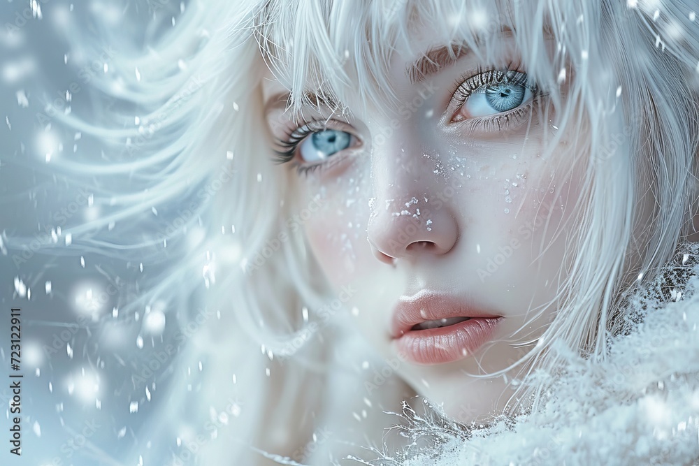 Close-up portrait of blonde woman, flying snowflakes, winter Close-up portrait of blonde woman, flying snowflakes, winter