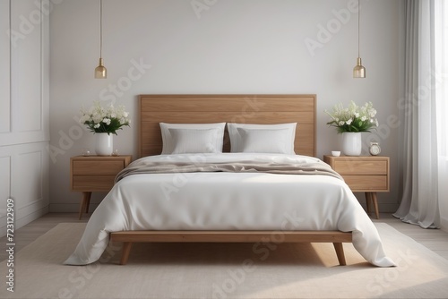 Bright and natural hotel room interior with single bed and wooden nightstand with flowers