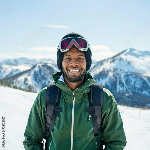 Portrait of a smiling skier with snow mountains in the background © Rogoz