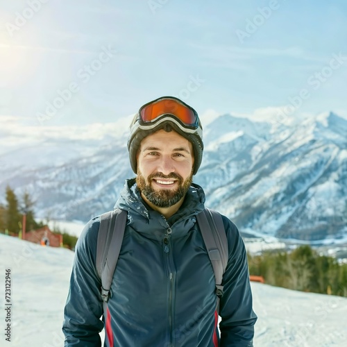 Portrait of a smiling skier with snow mountains in the background