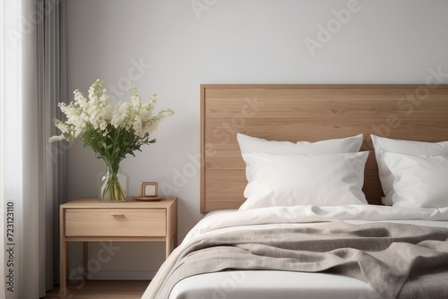 Bright and natural hotel room interior with single bed and wooden nightstand with flowers photo