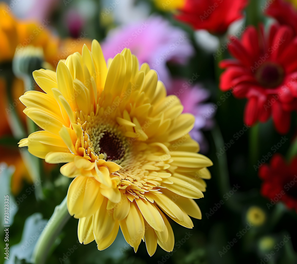 A yellow gerbera flower's petals set against a background of different flowers A yellow gerbera flower's petals set against a background of different flowers