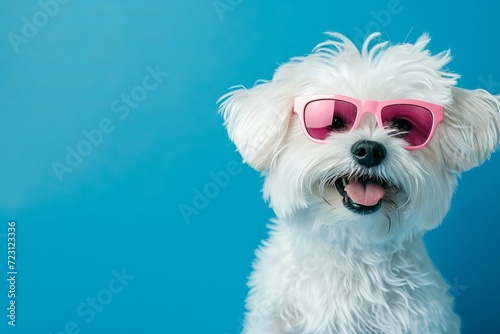 White dog in rose-colored glasses on blue background