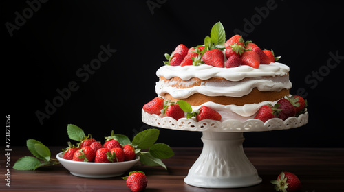Delicious strawberry-topped cake on a plate with fresh cream, a sweet and gourmet dessert perfect for breakfast or snack photo